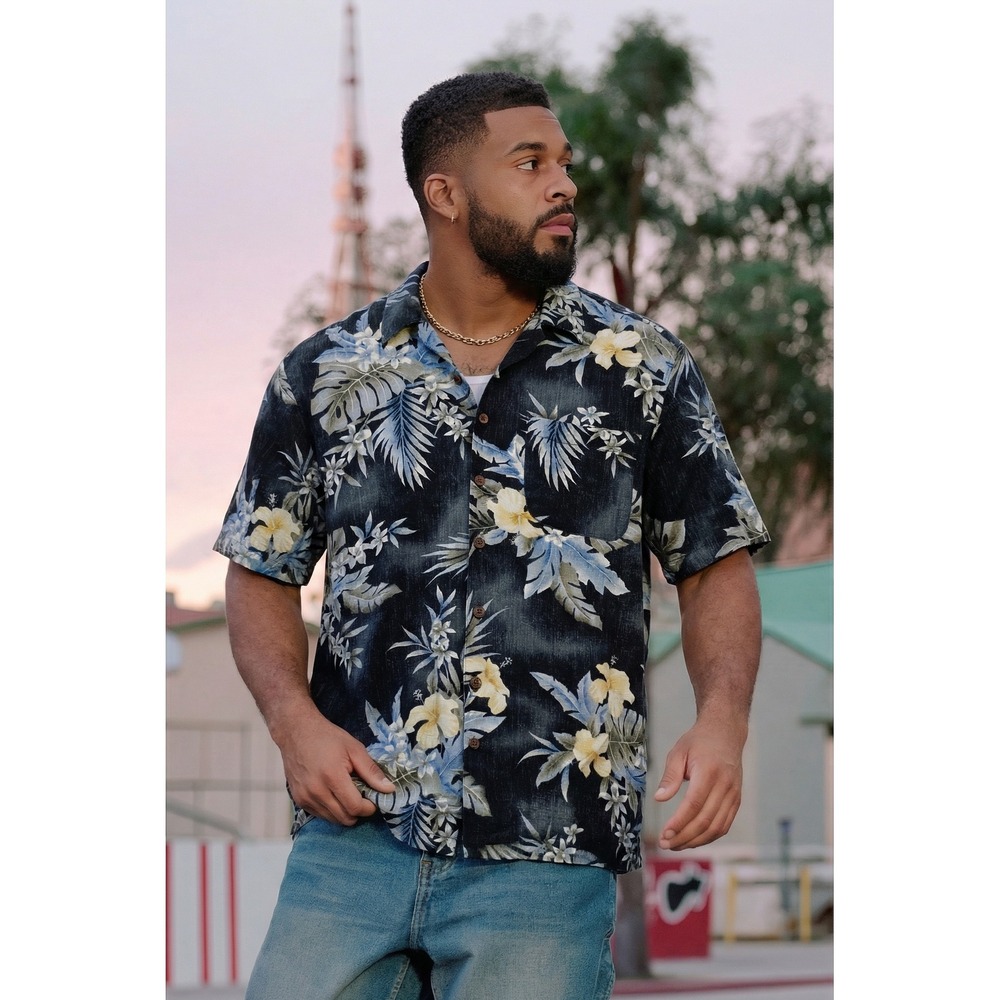 Caribbean Joe Men's Let Go Hawaiian Shirt‎ M Black Blue Floral 100% Rayon